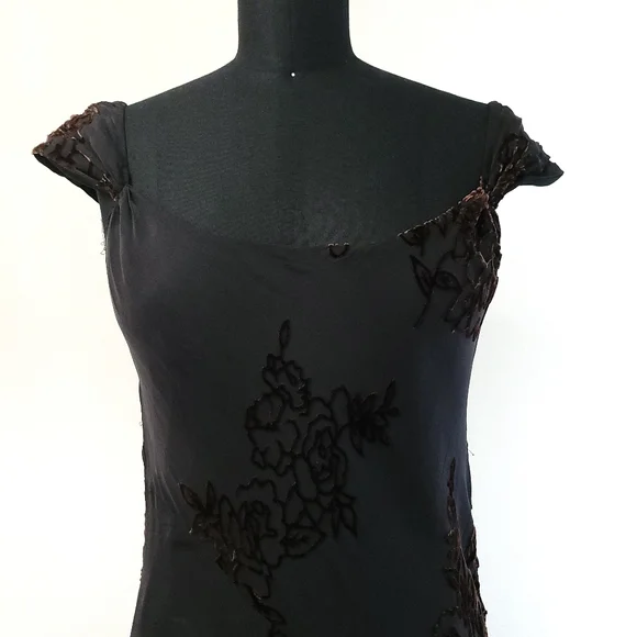Vintage Y2K Silk Romantic Dark Floral Velvet Burnout Midi Dress - Picture 2 of 11